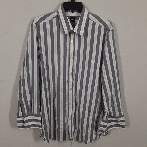 Boss Hugo Boss Mens L Gray White Stripe Regular Fit Long Sleeve Button Up Shirt - Picture 1 of 10